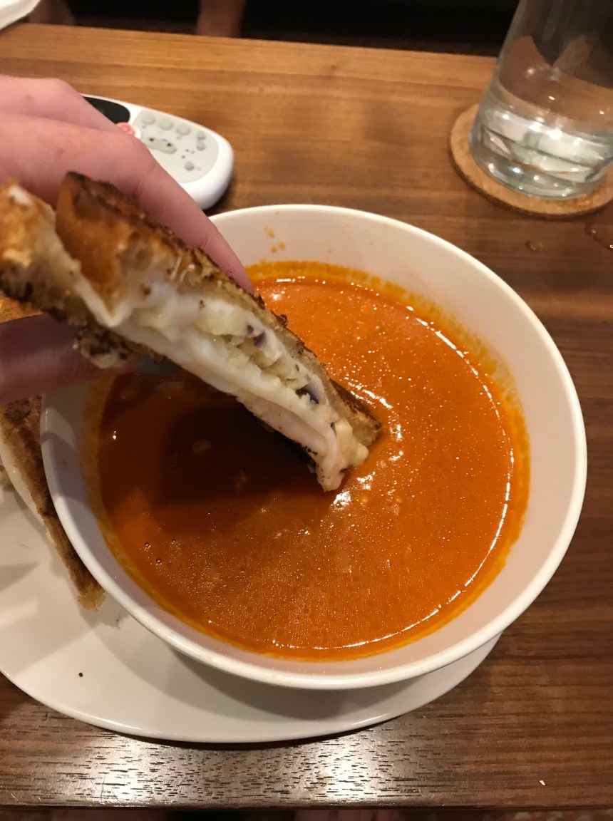 tomato soup with sausage and grilled cheese3