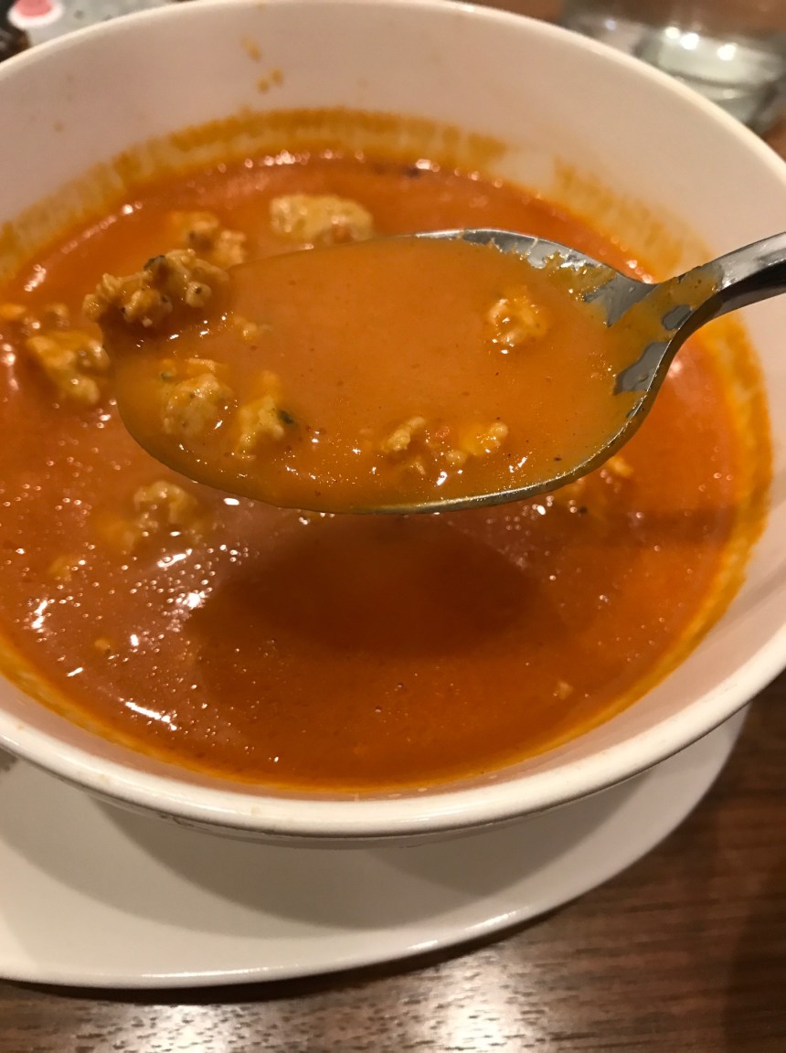 tomato soup with sausage and grilled cheese4