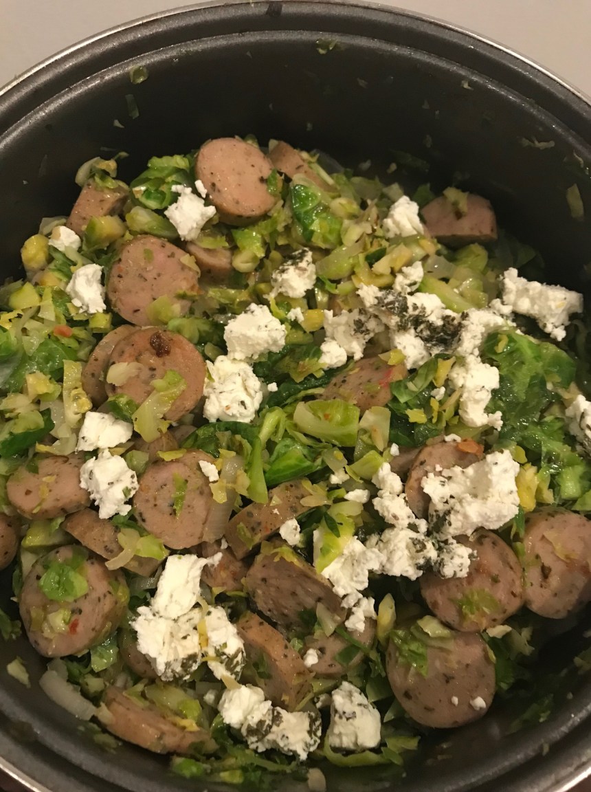 Brussels Sprout Hash with Chicken Sausage, Goat Cheese, and an Egg2